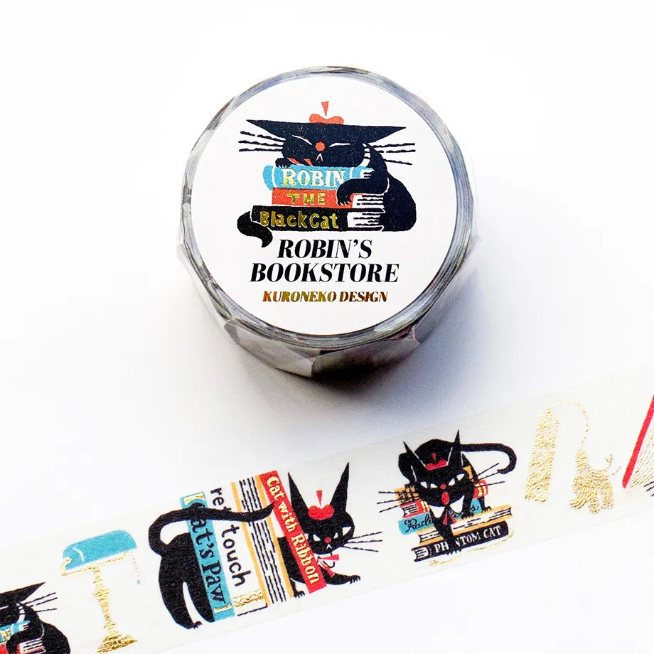 黒ねこ意匠 / 箔押しマスキングテープ「ROBIN'S BOOKSTORE」