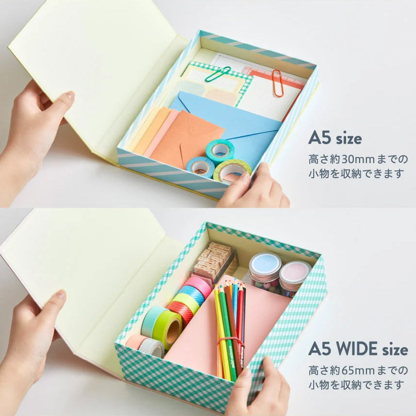 Two A5 size and A5 wide size boxes with stationery items on a white background.