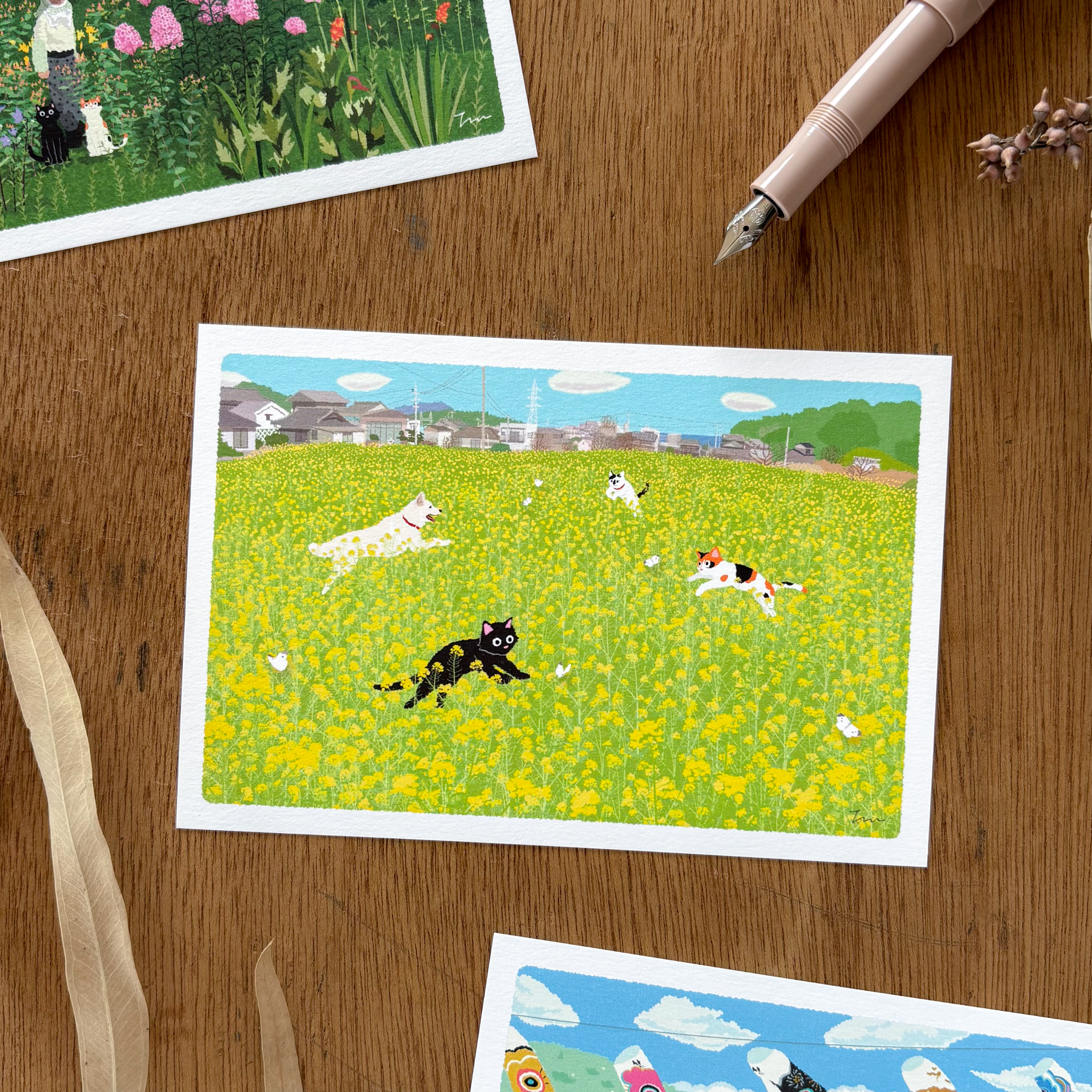たびねこポストカード「春・菜の花ダンス」