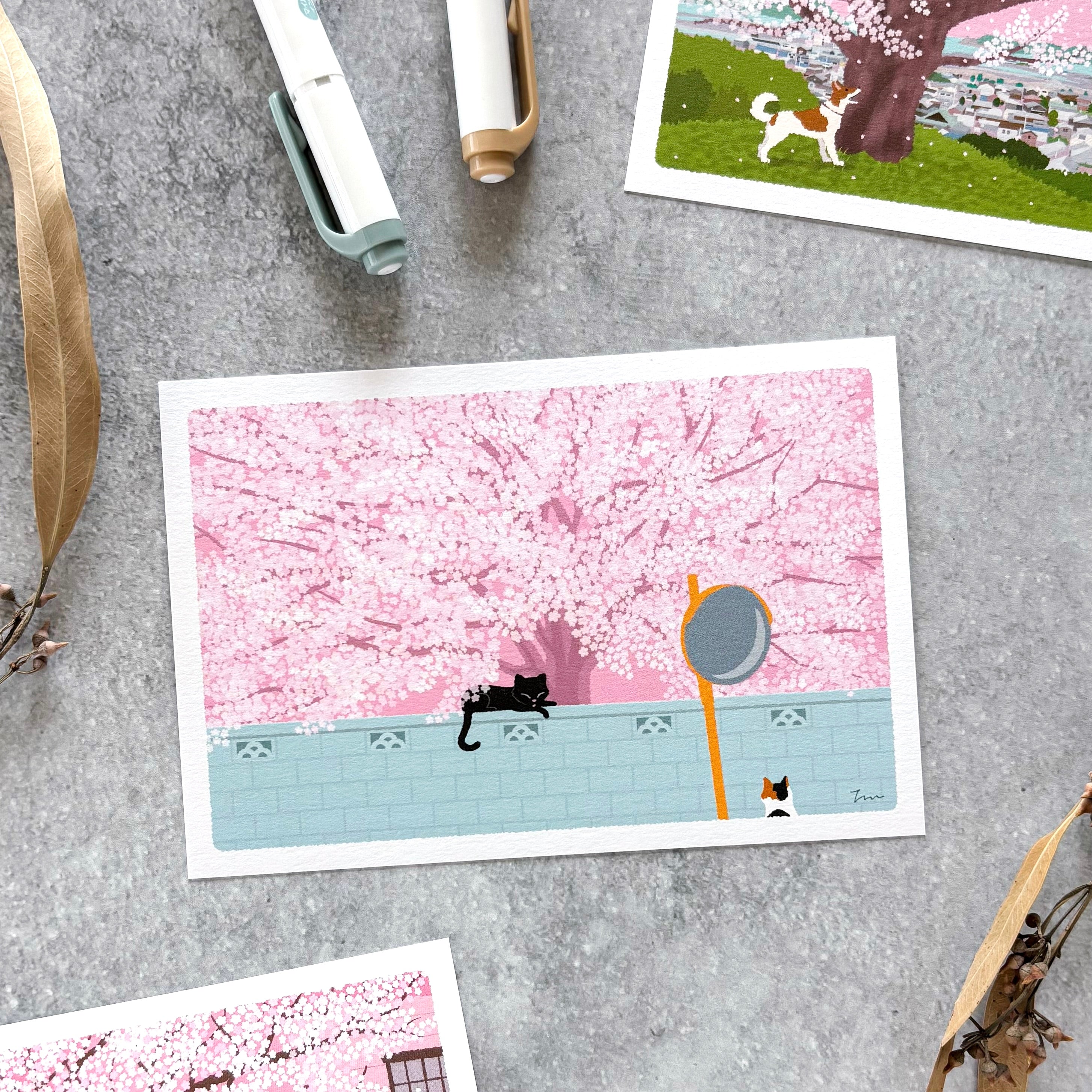 たびねこポストカード「春・桜の樹の下で」