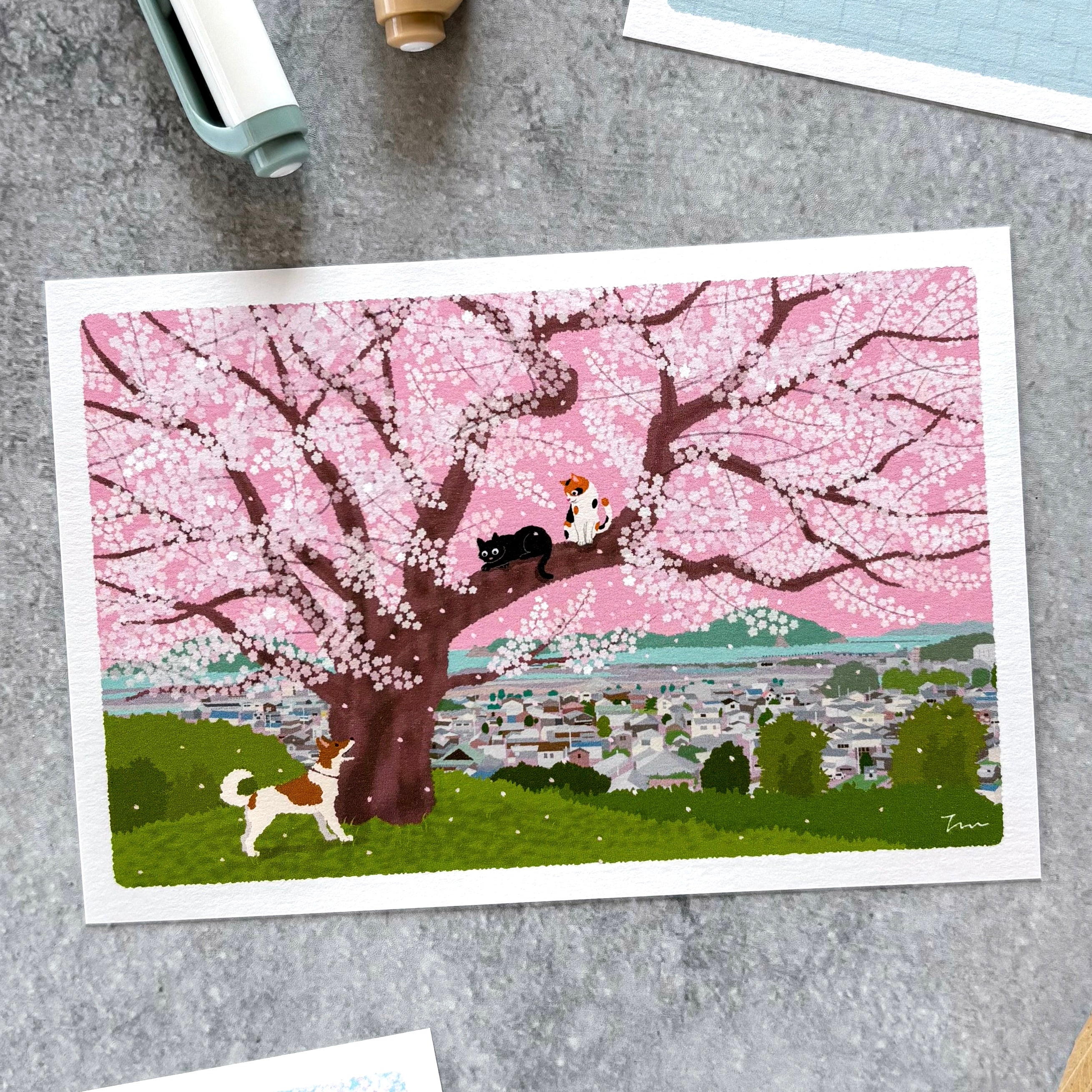 たびねこポストカード「春・丘の上の桜」