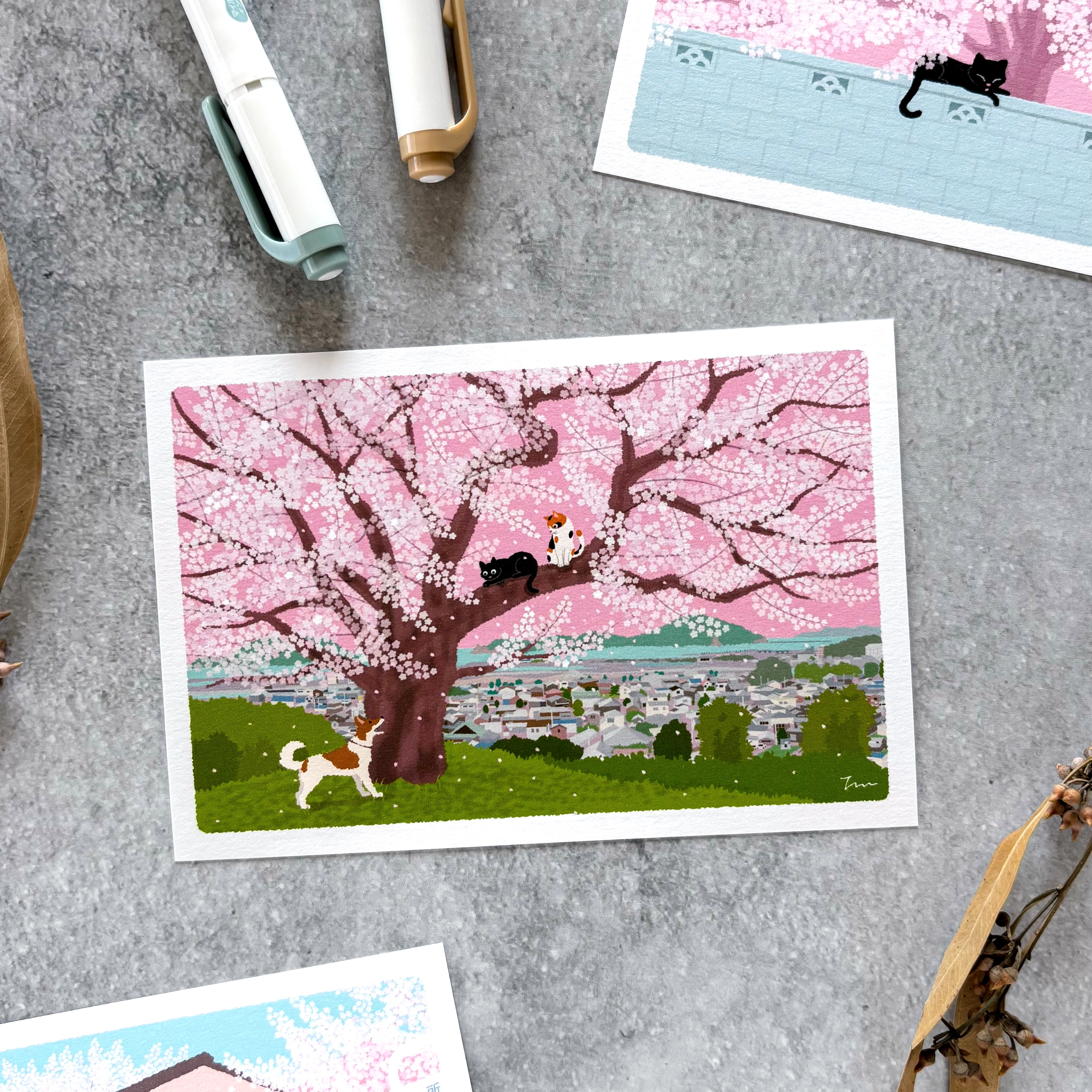 たびねこポストカード「春・丘の上の桜」